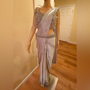 Elegant Silver Gray Embellished Ladies One Minute Ready to Wear Saree